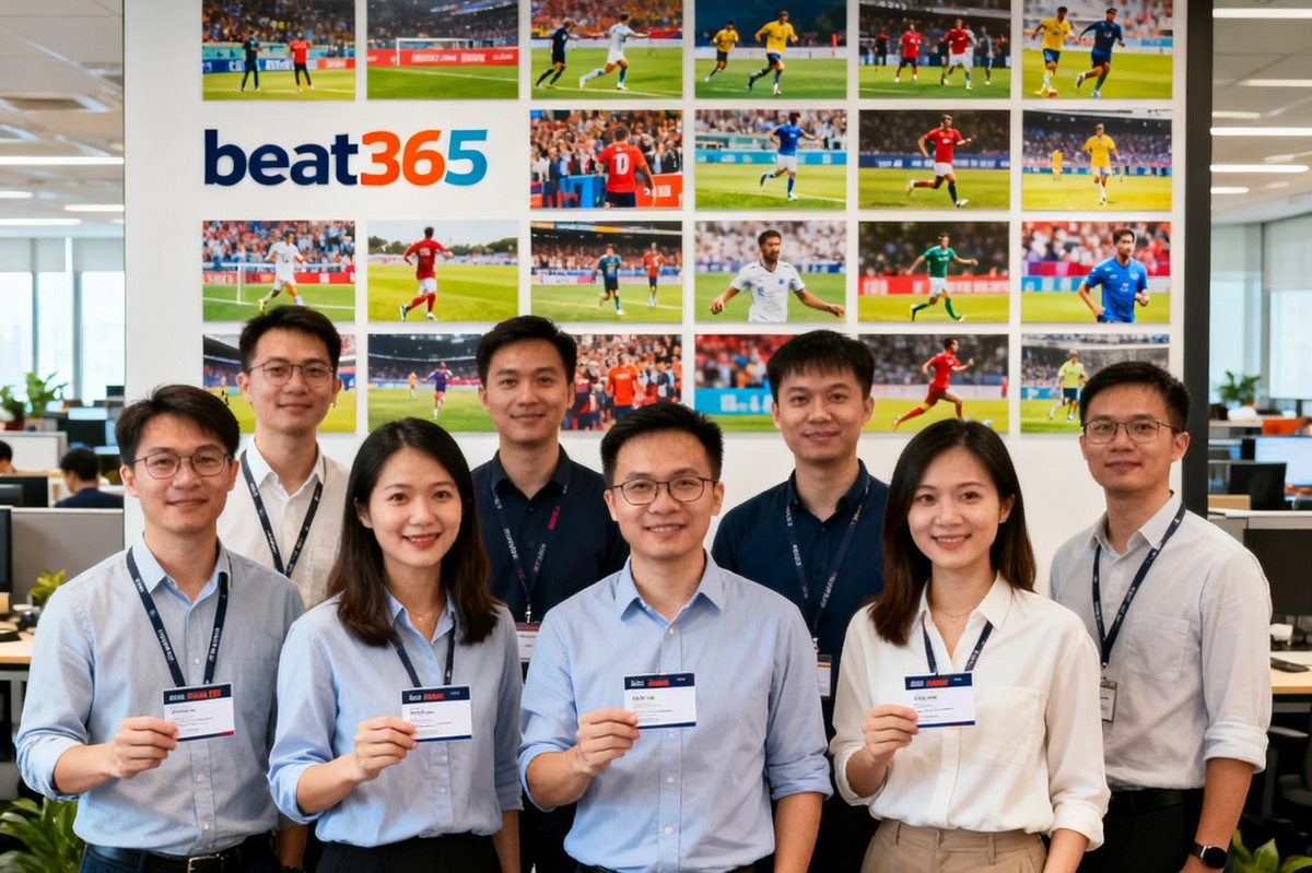 beat365广州总部团队成员在开放式办公区合影，背景为赛事照片墙。