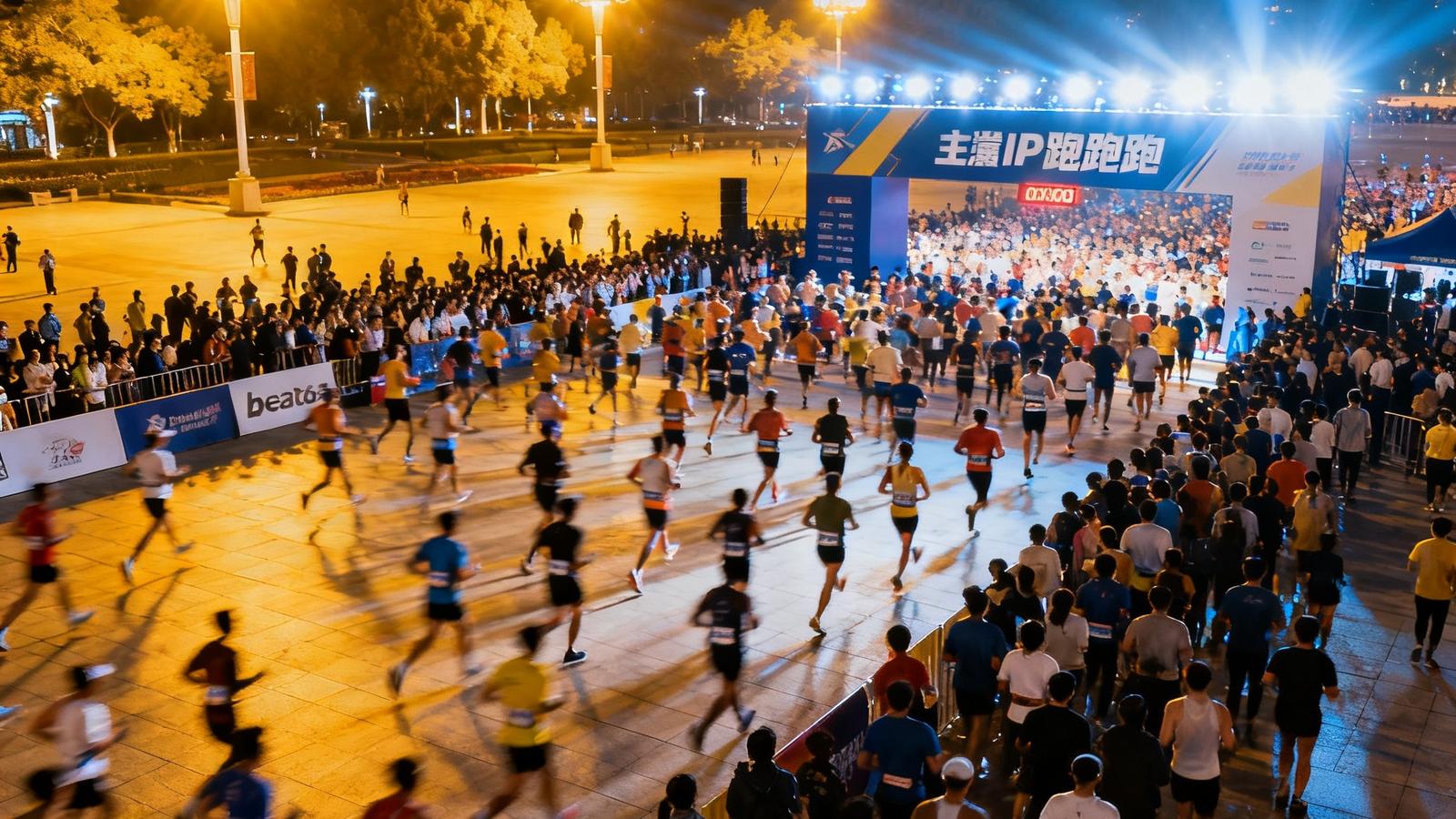 数千名跑者聚集在城市广场，beat365自主IP夜跑赛事鸣枪起跑，灯光璀璨。