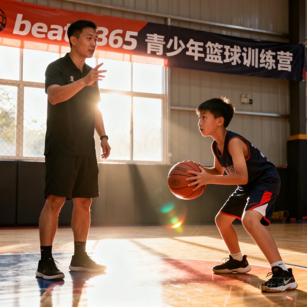 beat365青少年篮球训练营，教练正在指导12岁学员运球。